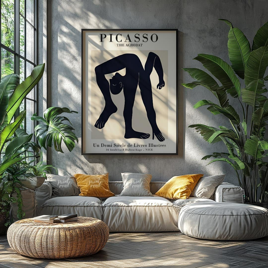 This elegant exhibition poster advertises “PICASSO THE ACROBAT / Un Demi Siècle de Livres Illustres… for living room