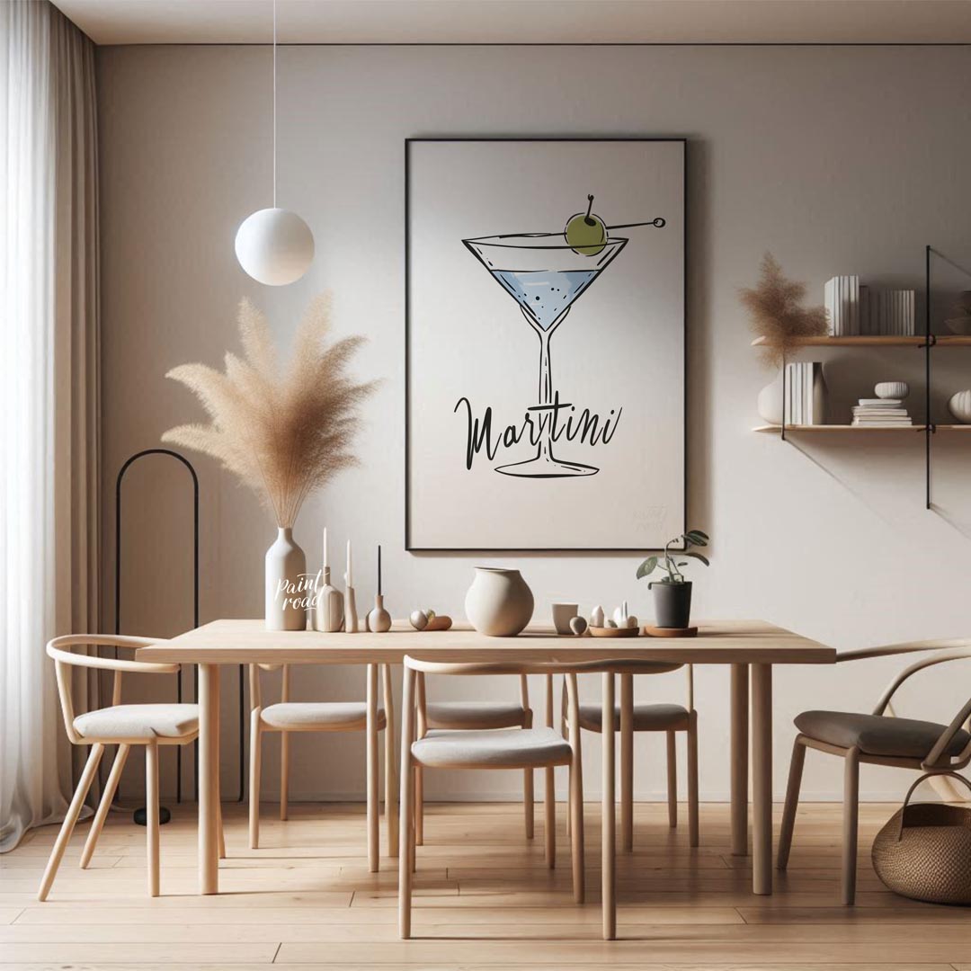 A stylish and minimalist illustration of a classic martini cocktail. The artwork features a hand-dr… for dining room
