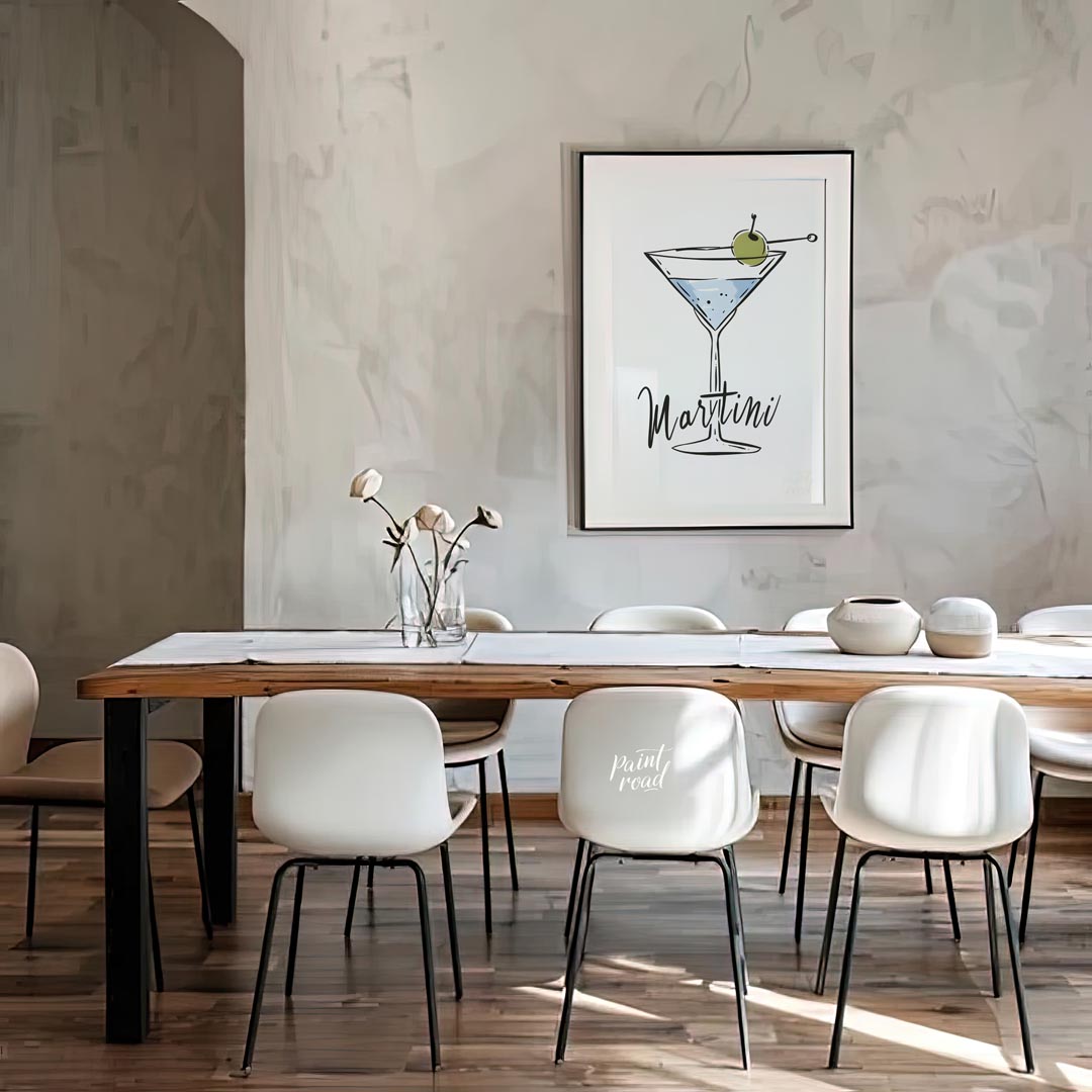 A stylish and minimalist illustration of a classic martini cocktail. The artwork features a hand-dr… for dining room