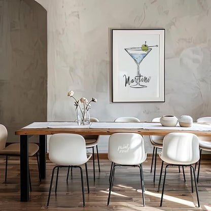 A stylish and minimalist illustration of a classic martini cocktail. The artwork features a hand-dr… for dining room