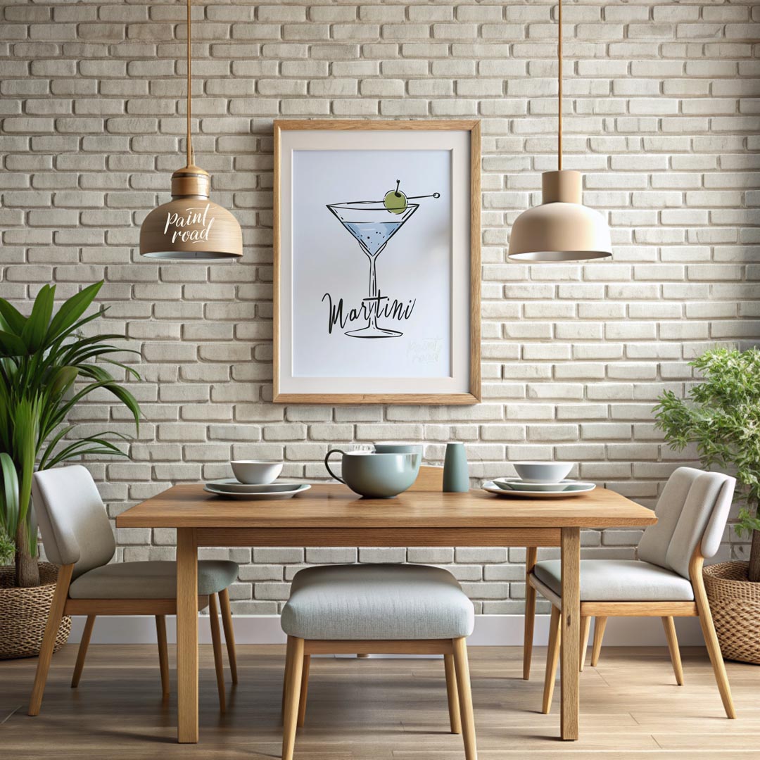 A stylish and minimalist illustration of a classic martini cocktail. The artwork features a hand-dr… for dining room