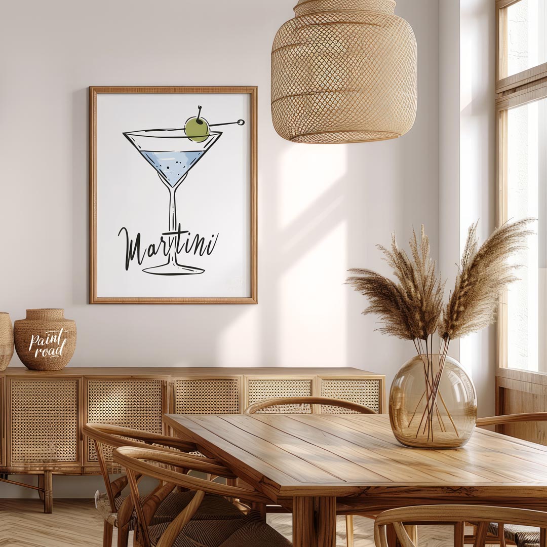 A stylish and minimalist illustration of a classic martini cocktail. The artwork features a hand-dr… for dining room