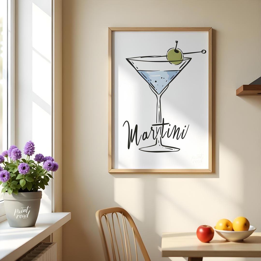 A stylish and minimalist illustration of a classic martini cocktail. The artwork features a hand-dr… for kitchen