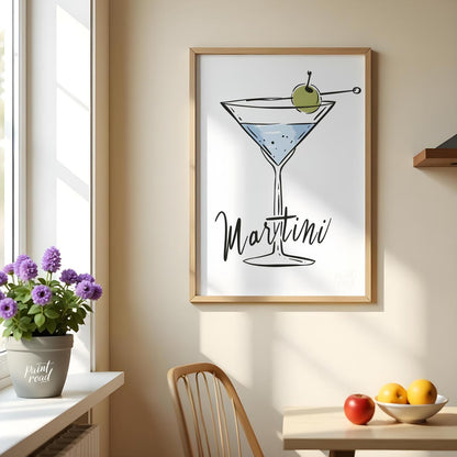 A stylish and minimalist illustration of a classic martini cocktail. The artwork features a hand-dr… for kitchen