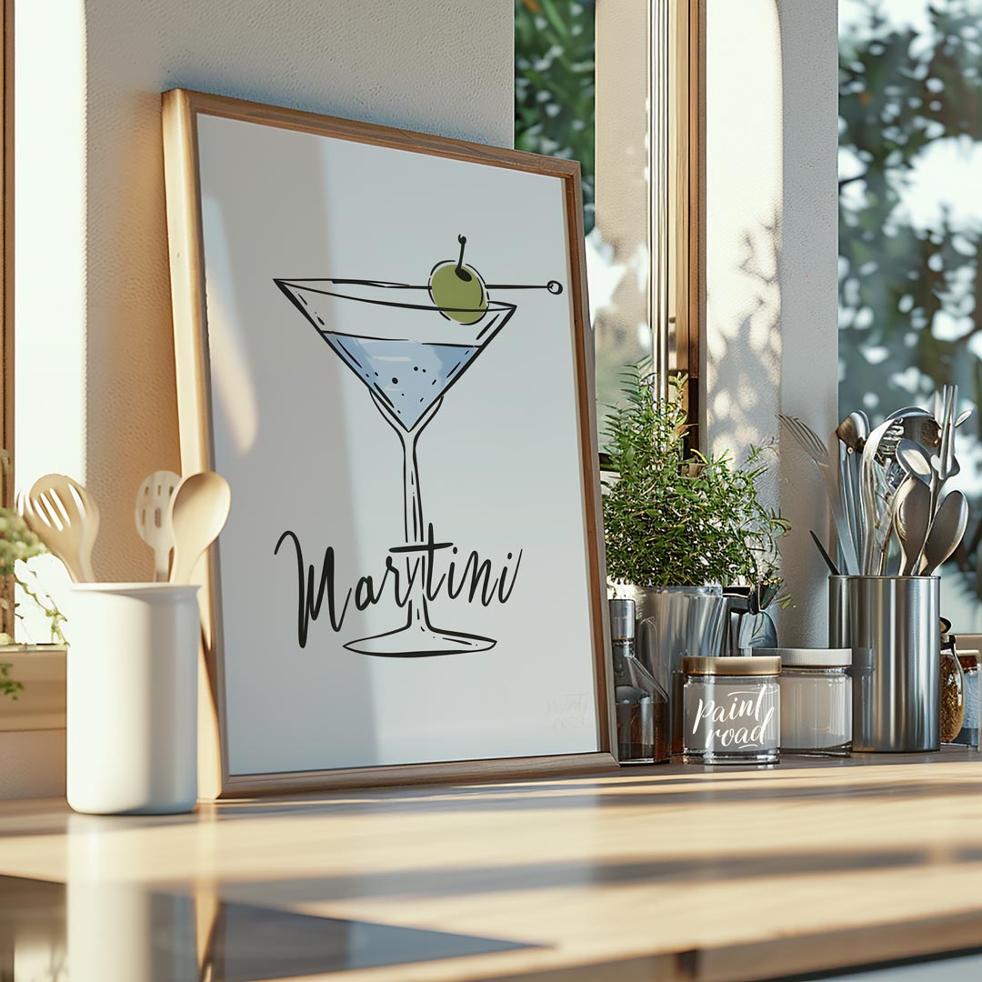 A stylish and minimalist illustration of a classic martini cocktail. The artwork features a hand-dr… for kitchen