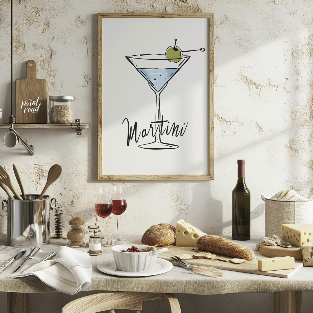 A stylish and minimalist illustration of a classic martini cocktail. The artwork features a hand-dr… for kitchen