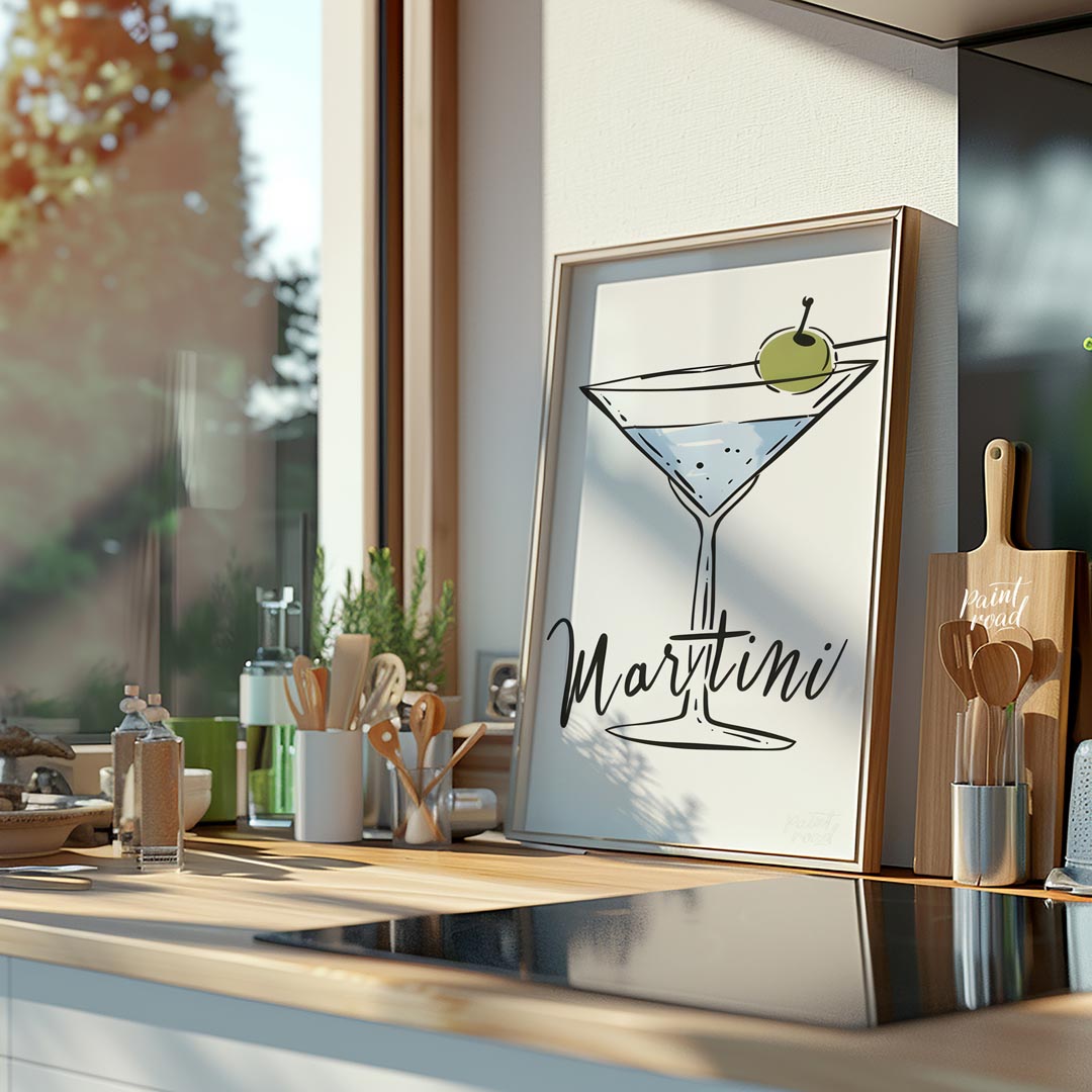 A stylish and minimalist illustration of a classic martini cocktail. The artwork features a hand-dr… for kitchen
