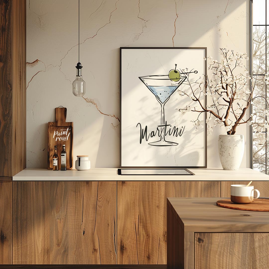 A stylish and minimalist illustration of a classic martini cocktail. The artwork features a hand-dr… for kitchen