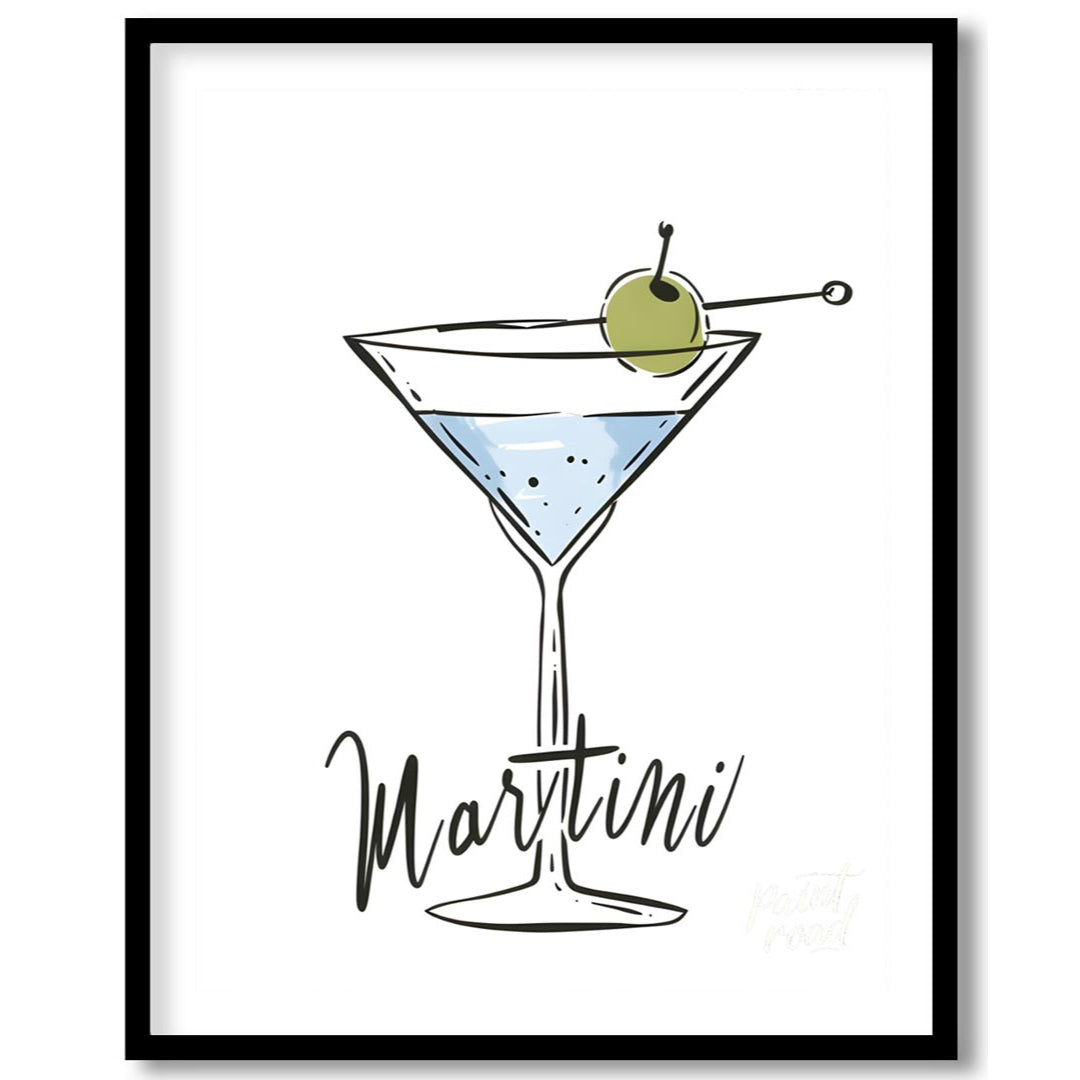 A stylish and minimalist illustration of a classic martini cocktail. The artwork features a hand-dr… for space