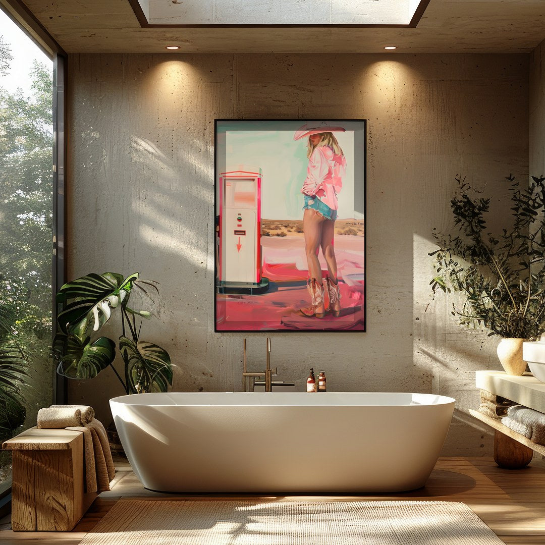 Step into a world of juxtaposition with 'The Desert Cowboy: Neon Dreams.' This artwork captures a for Bathroom