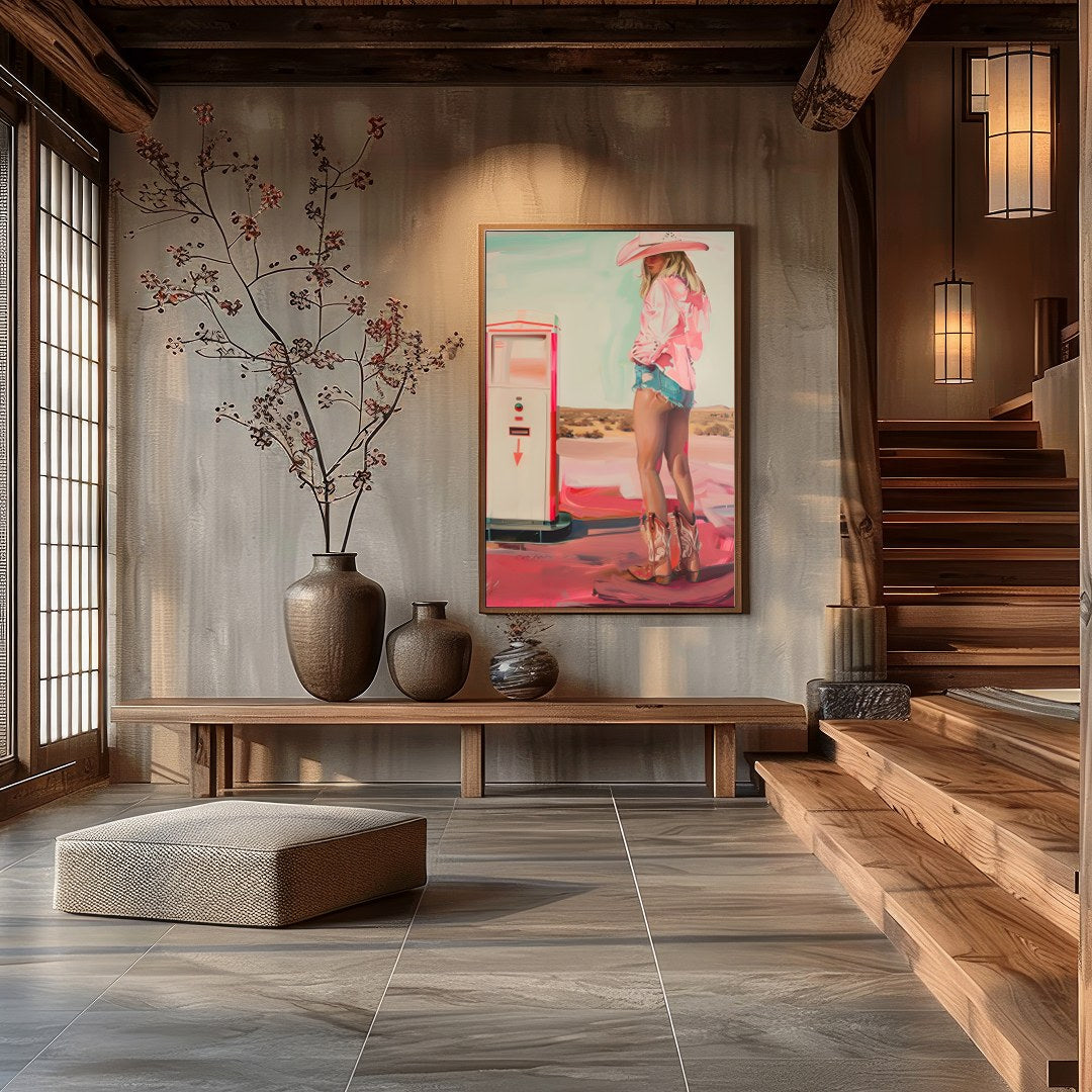 Step into a world of juxtaposition with 'The Desert Cowboy: Neon Dreams.' This artwork captures a for Hall