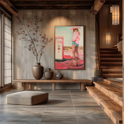 Step into a world of juxtaposition with 'The Desert Cowboy: Neon Dreams.' This artwork captures a for Hall