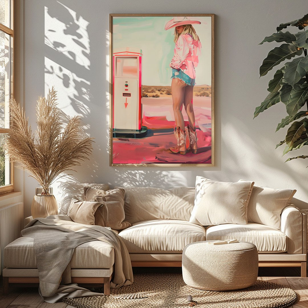 Step into a world of juxtaposition with 'The Desert Cowboy: Neon Dreams.' This artwork captures a for Sitting Area