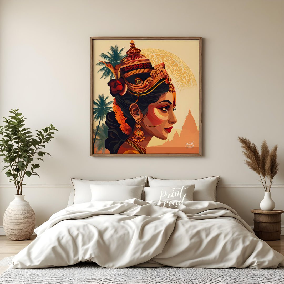This vibrant digital artwork portrays a Hindu goddess with a serene expression and adorned with exq… for bedroom
