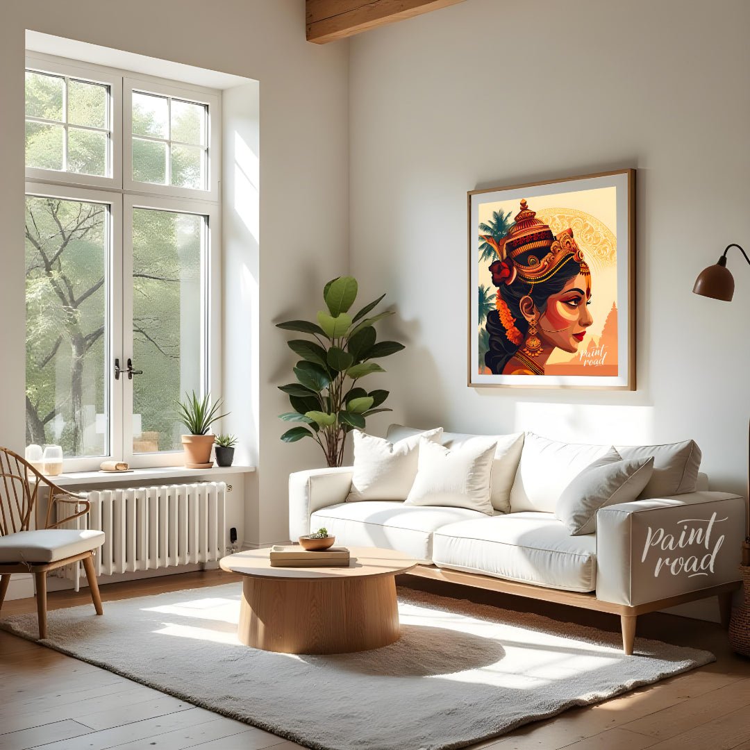This vibrant digital artwork portrays a Hindu goddess with a serene expression and adorned with exq… for living room