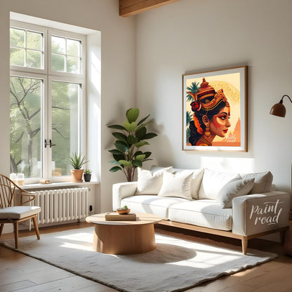 This vibrant digital artwork portrays a Hindu goddess with a serene expression and adorned with exq… for living room