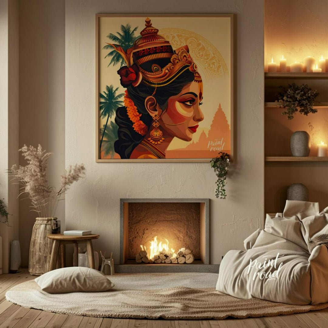 This vibrant digital artwork portrays a Hindu goddess with a serene expression and adorned with exq… for living room
