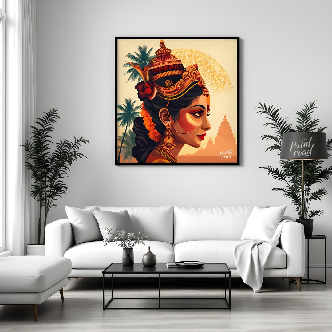 This vibrant digital artwork portrays a Hindu goddess with a serene expression and adorned with exq… for living room