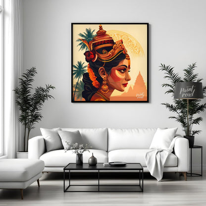 This vibrant digital artwork portrays a Hindu goddess with a serene expression and adorned with exq… for living room