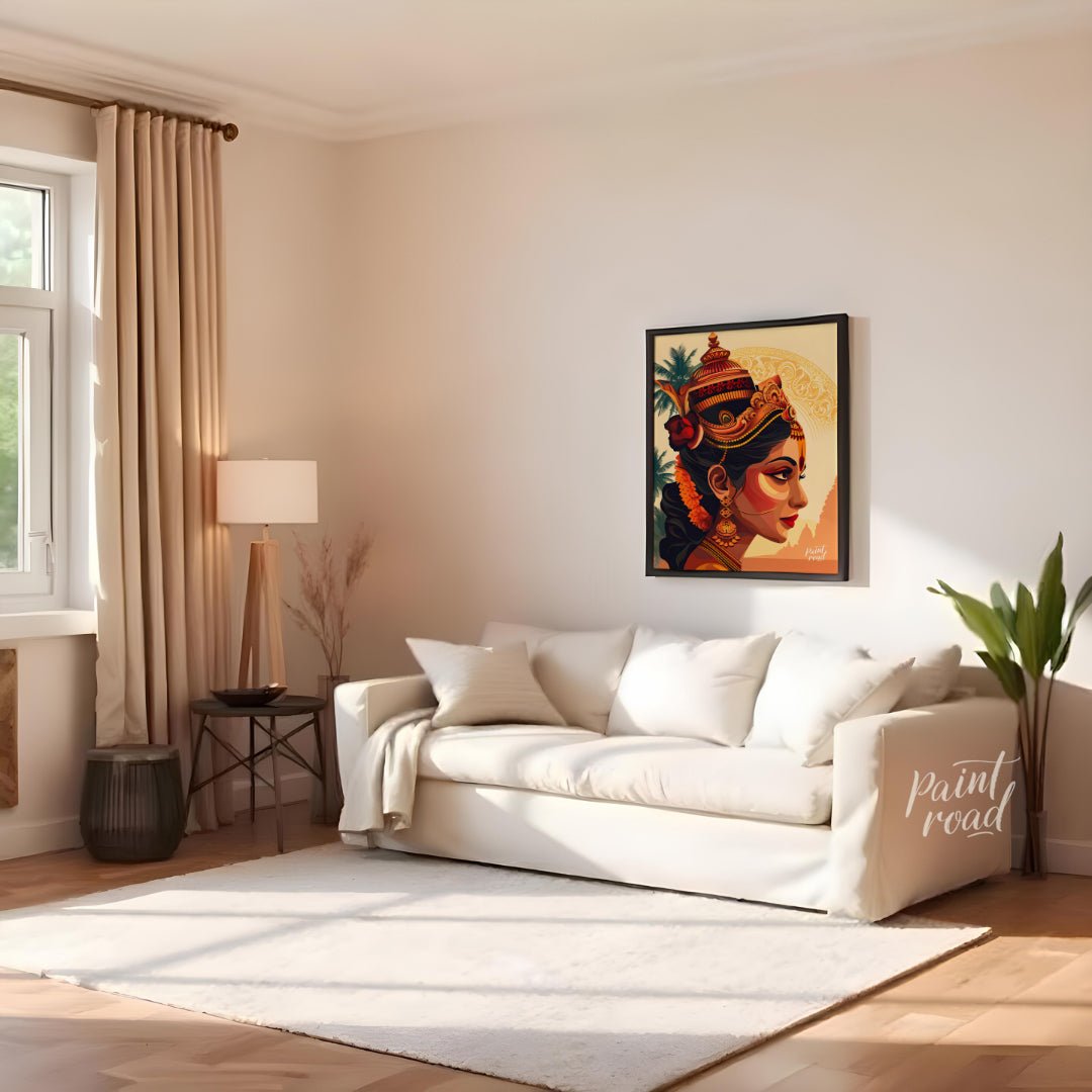 This vibrant digital artwork portrays a Hindu goddess with a serene expression and adorned with exq… for living room