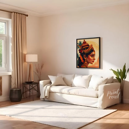 This vibrant digital artwork portrays a Hindu goddess with a serene expression and adorned with exq… for living room