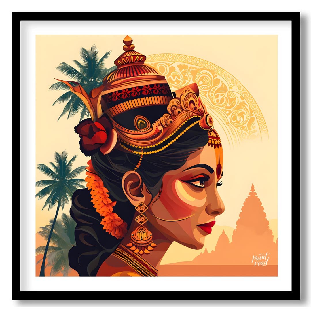 This vibrant digital artwork portrays a Hindu goddess with a serene expression and adorned with exq… for place