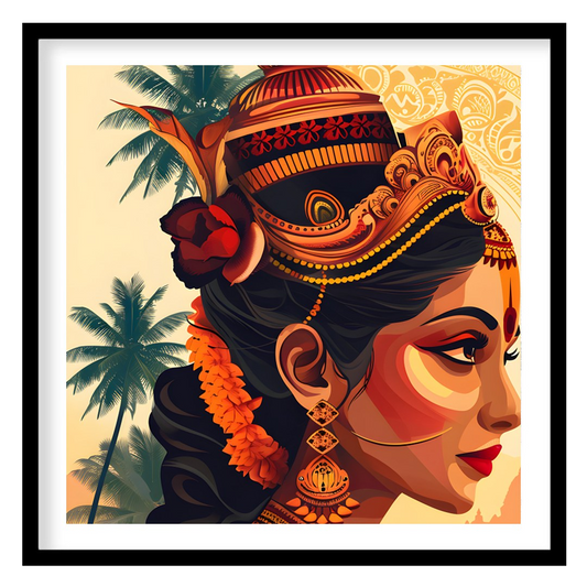 This vibrant digital artwork portrays a Hindu goddess with a serene expression and adorned with exq… for place