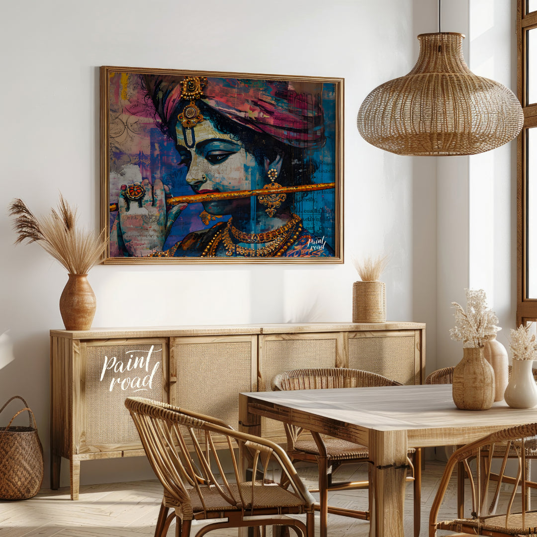 This vibrant and expressive artwork depicts Lord Krishna, the Hindu god of love and music, playing … for dining room