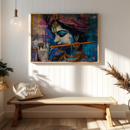 This vibrant and expressive artwork depicts Lord Krishna, the Hindu god of love and music, playing … for entryway