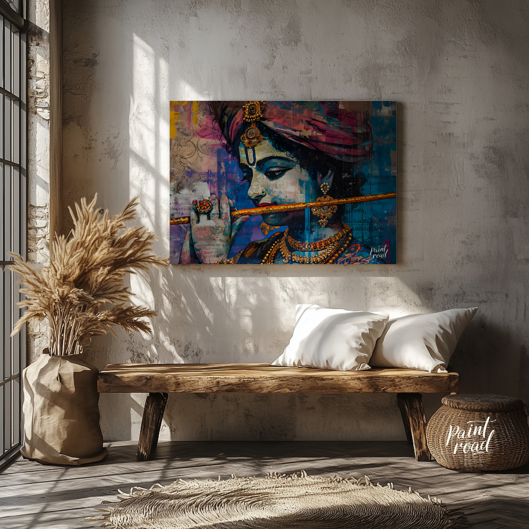 This vibrant and expressive artwork depicts Lord Krishna, the Hindu god of love and music, playing … for entryway