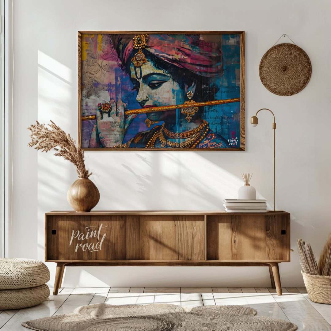 This vibrant and expressive artwork depicts Lord Krishna, the Hindu god of love and music, playing … for living room
