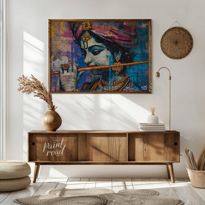 This vibrant and expressive artwork depicts Lord Krishna, the Hindu god of love and music, playing … for living room