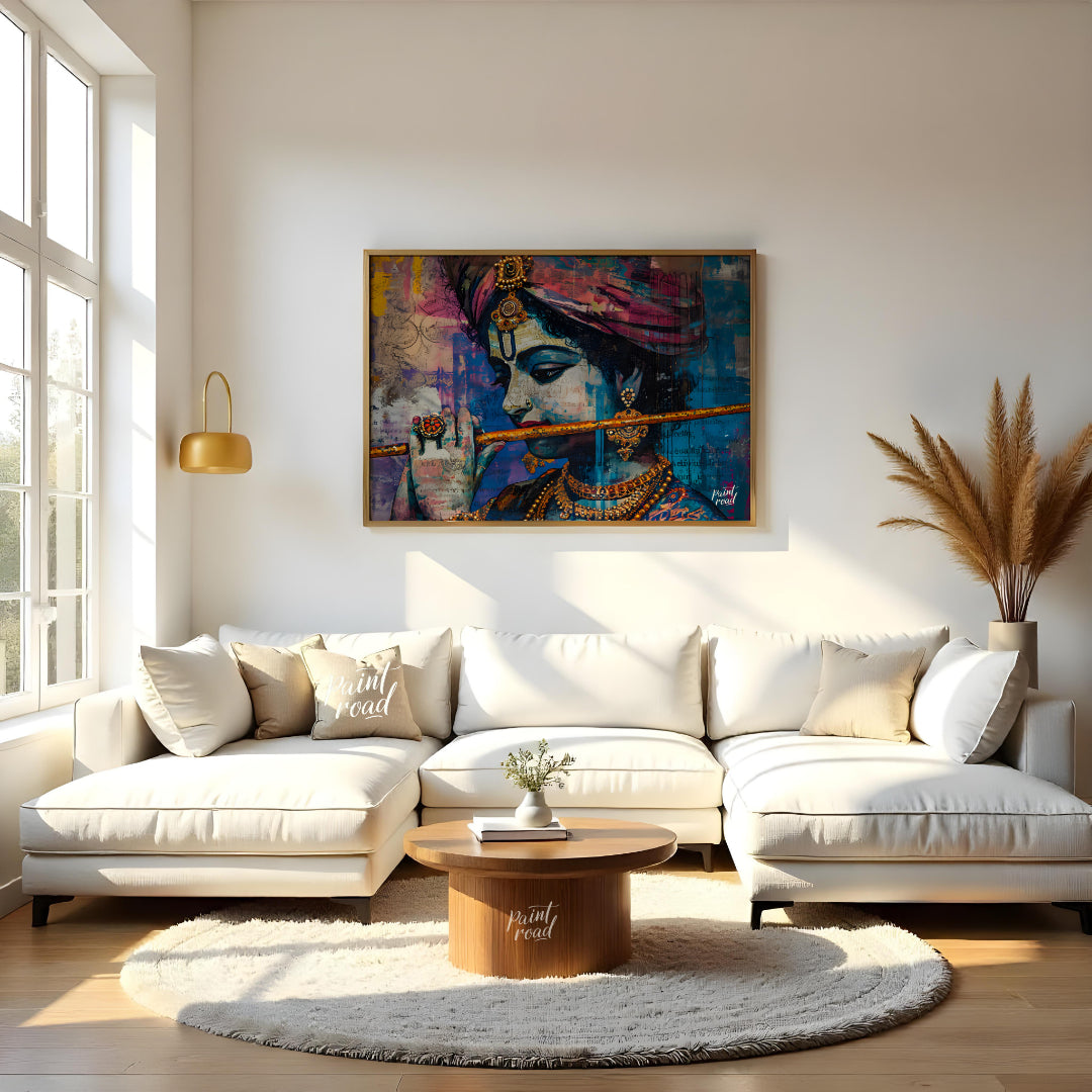 This vibrant and expressive artwork depicts Lord Krishna, the Hindu god of love and music, playing … for living room