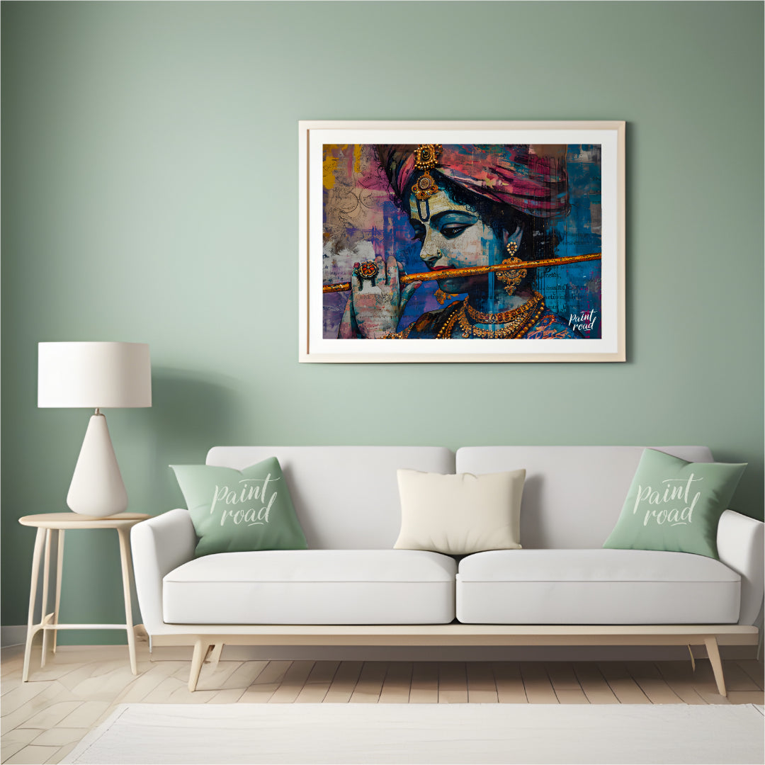 This vibrant and expressive artwork depicts Lord Krishna, the Hindu god of love and music, playing … for living room