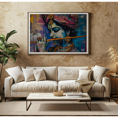 This vibrant and expressive artwork depicts Lord Krishna, the Hindu god of love and music, playing … for living room