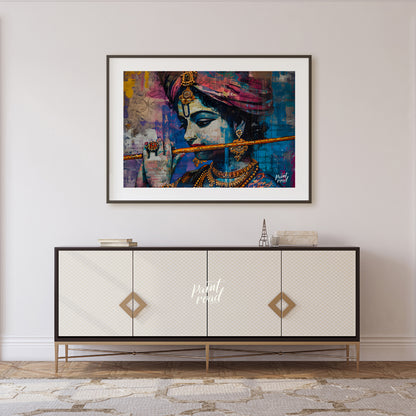 This vibrant and expressive artwork depicts Lord Krishna, the Hindu god of love and music, playing … for living room
