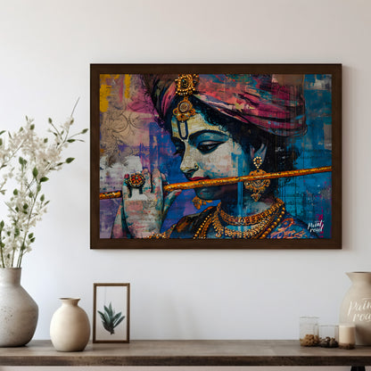 This vibrant and expressive artwork depicts Lord Krishna, the Hindu god of love and music, playing … for living room