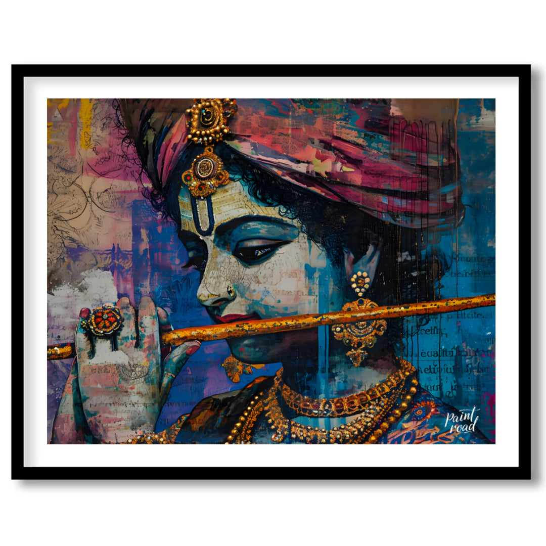 This vibrant and expressive artwork depicts Lord Krishna, the Hindu god of love and music, playing … for room