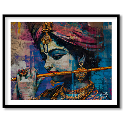 This vibrant and expressive artwork depicts Lord Krishna, the Hindu god of love and music, playing … for room