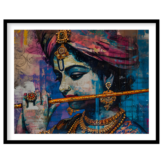 This vibrant and expressive artwork depicts Lord Krishna, the Hindu god of love and music, playing … for room