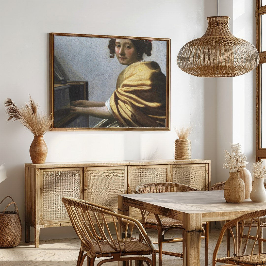 Immerse yourself in the subtle elegance of 'The Harpsichord Player's Gaze,' a masterful depiction for Dining