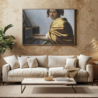 Immerse yourself in the subtle elegance of 'The Harpsichord Player's Gaze,' a masterful depiction for Family Room