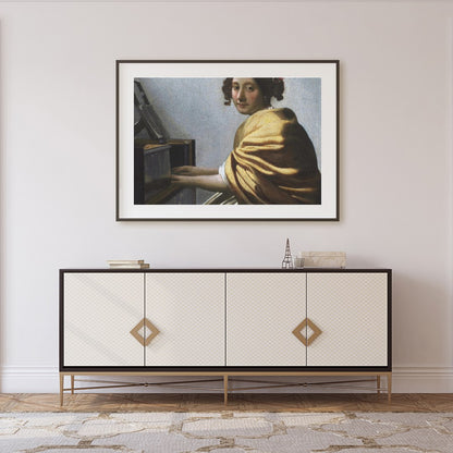 Immerse yourself in the subtle elegance of 'The Harpsichord Player's Gaze,' a masterful depiction for Foyer