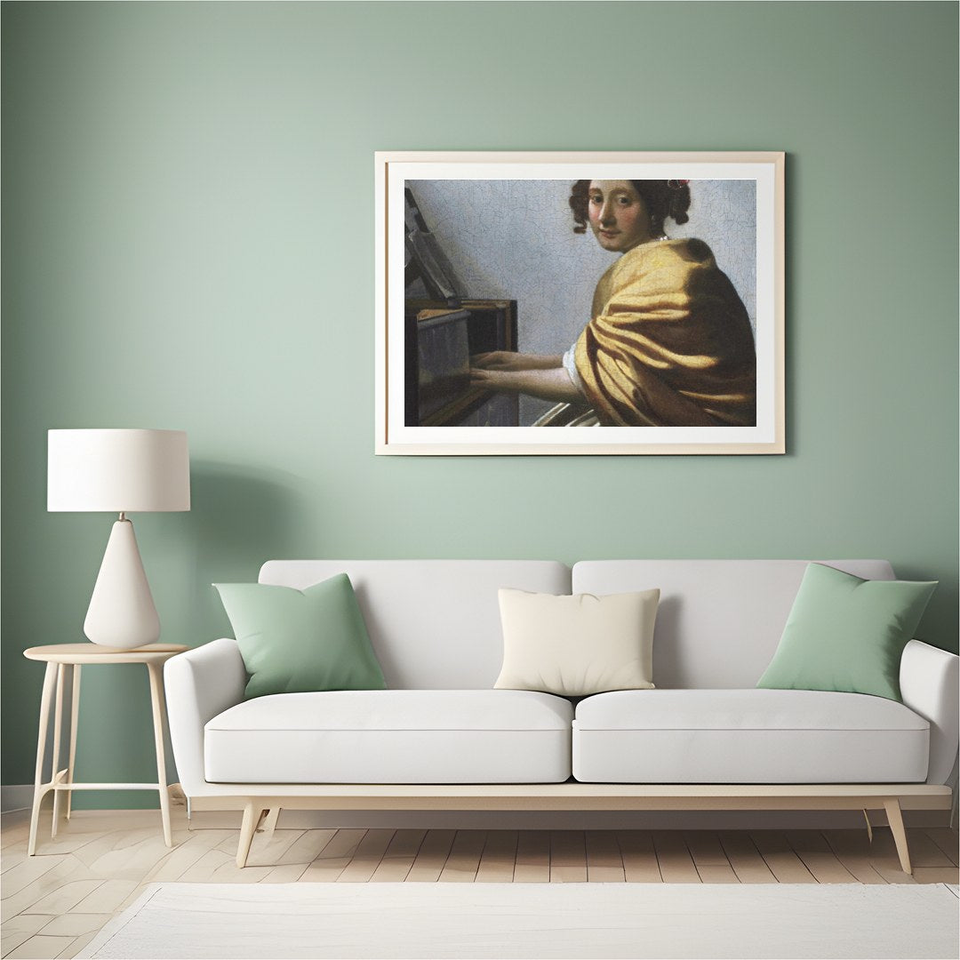 Immerse yourself in the subtle elegance of 'The Harpsichord Player's Gaze,' a masterful depiction for Hall