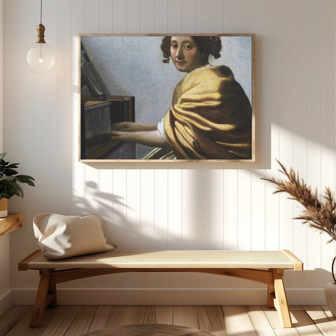 Immerse yourself in the subtle elegance of 'The Harpsichord Player's Gaze,' a masterful depiction for Hallway