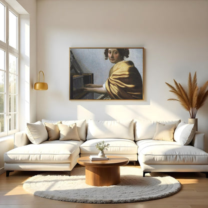 Immerse yourself in the subtle elegance of 'The Harpsichord Player's Gaze,' a masterful depiction for Living Room