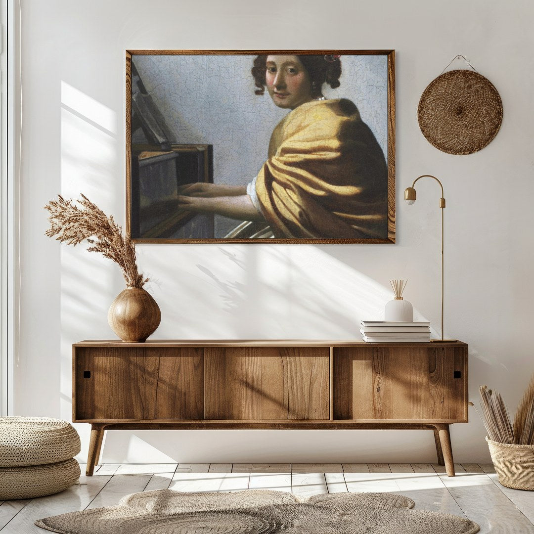 Immerse yourself in the subtle elegance of 'The Harpsichord Player's Gaze,' a masterful depiction for Sitting Area