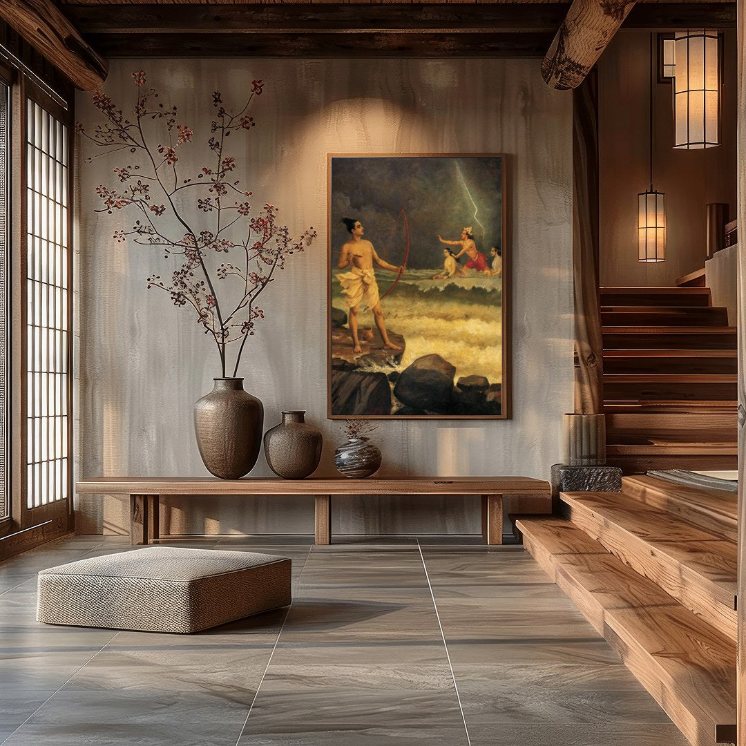 Immerse yourself in a dramatic tableau depicting a pivotal scene from ancient mythology, where for Hall