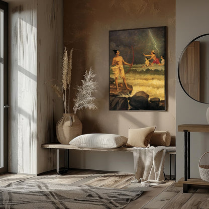 Immerse yourself in a dramatic tableau depicting a pivotal scene from ancient mythology, where for home