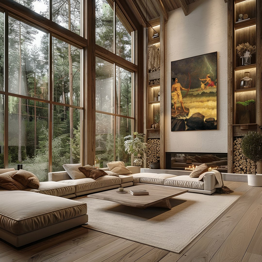 Immerse yourself in a dramatic tableau depicting a pivotal scene from ancient mythology, where for Living Room